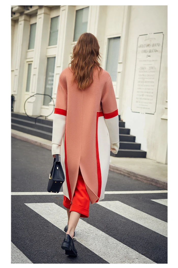 AEL woman's pink double woolen coat Rear slit New fashion patchwork women's popular woolen lattice overcoat female