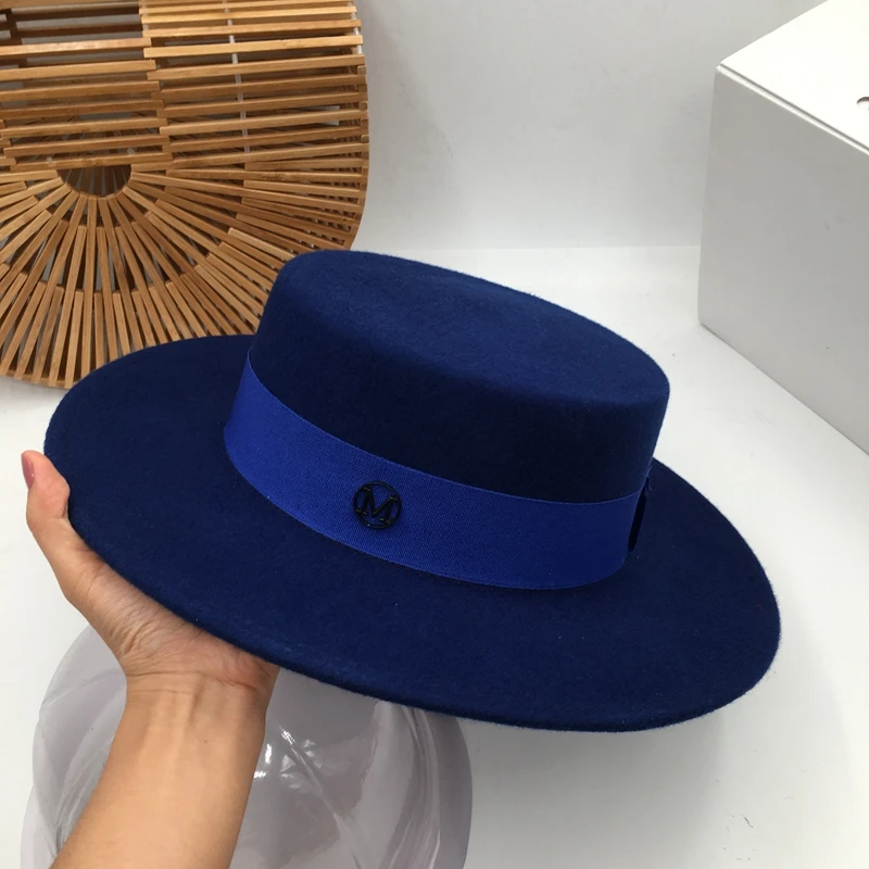 

French Zang blue cloth flat wool female British socialite qiu dong big Sir Brim hat tide restoring ancient ways fedoras