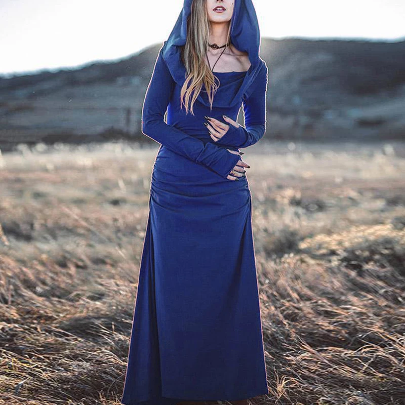 

Women Dress Hooded Long Sleeve Solid Color Open Back Gothic a line ladies long dress autumn vestido