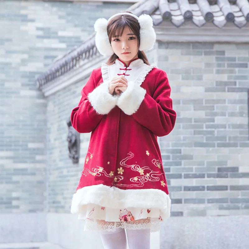 

Sweet 2020 New Year New Year Tops Chinese Wind Woolen Embroidery Buckle Retro Japanese Jacket Spot lolita new year coat