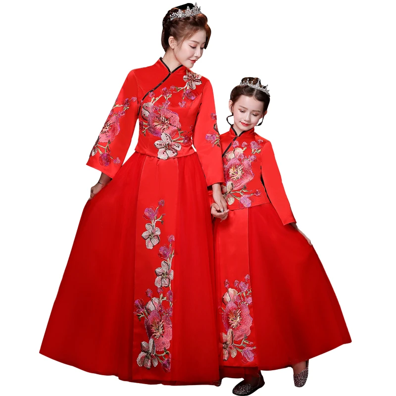 Комплект одежды для мамы и дочки, Qipao Hanfu/ г. Весеннее красное платье комплект из 2 предметов: топ+ юбка одинаковые комплекты для семьи J574