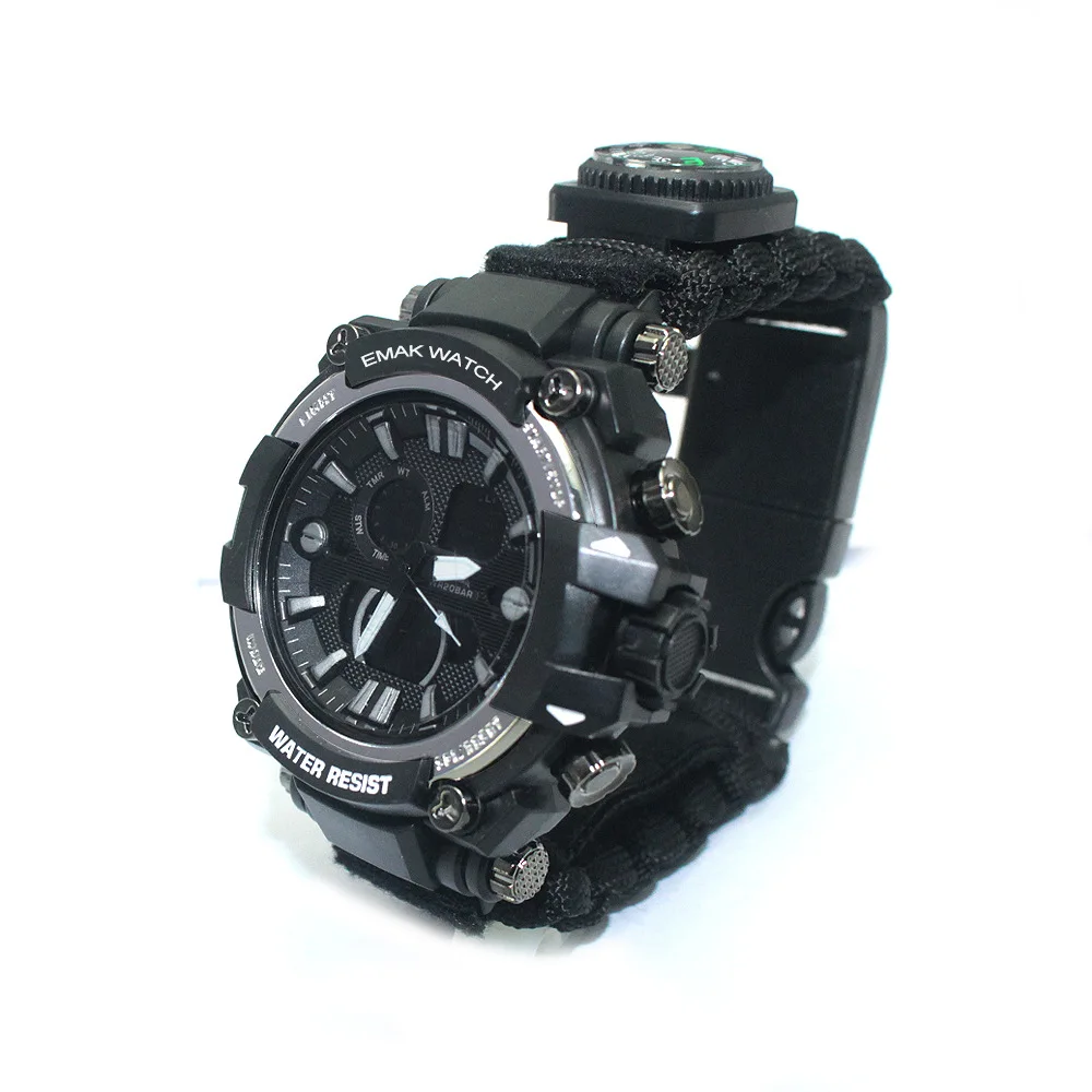 

Em-179 Outdoor Sports MEN'S Watch Multi-functional Thermometer Watrproof Watch Umbrella Rope Weaving Double-movement Watch