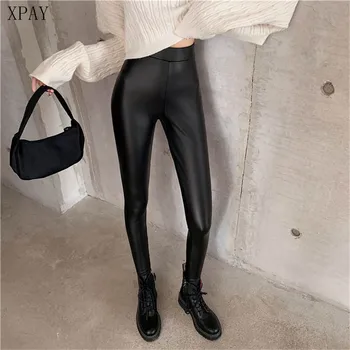 

2020 Spring Autumn PU Leather Legging Velvet Pants Women Korean Black Shiny Faux Leather Ankle-Length Pants Long Pencil Trousers