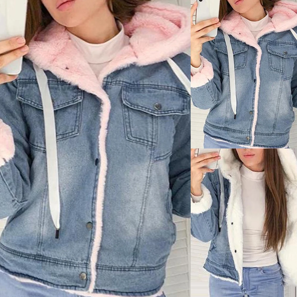 New Women Denim Jacket With Fur Winter Jeans Warm Hooded Velvet Jacket Femme Faux Fur Collar Padded Coats Bomber Windbreake