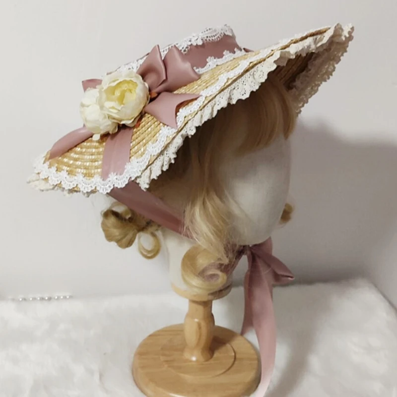 Japanese Lolita Straw Sun Hat Lace Patchwork Ribbon Bandage Bowknot Wide Brim Beach Flat Hat