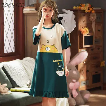 

Nightgowns Women Sleepshirts Short Sleeve Summer 3XL Printed Ruched Ruffles Korean Style Kawaii Womens Pyjamas Casual Elegant