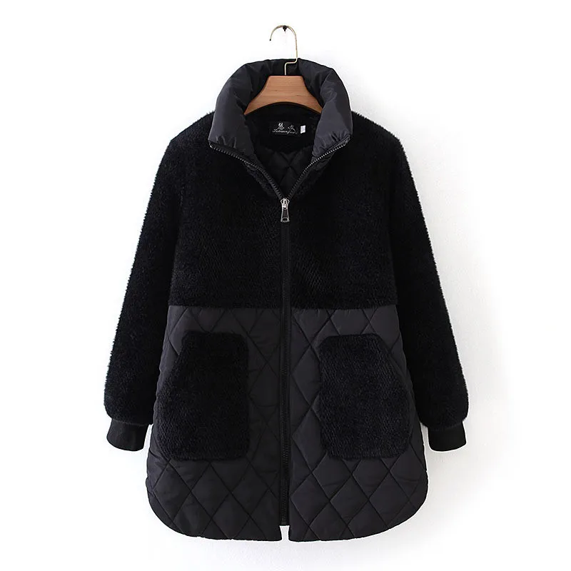 

2022 Faux Mink Fur Splice Thick Padded Jacket Winter Women 5XL Warm Wadded Coat Down Cotton Parka Black Female Overcoat KW1003