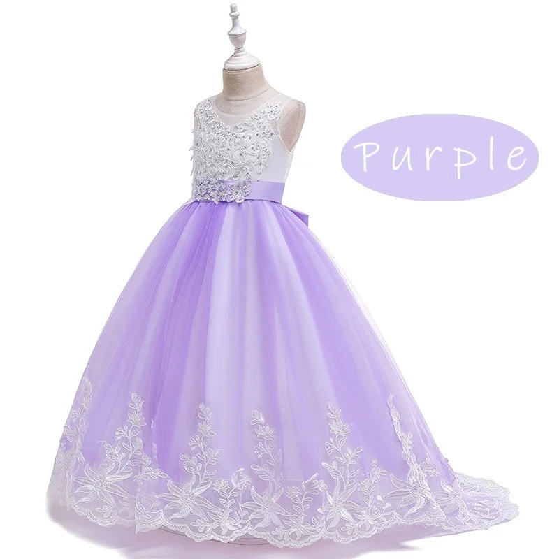 Платье с цветочным рисунком со шлейфом; детское вечернее платье на свадьбу, День рождения; платье для девочек; костюм принцессы для первого причастия; женское платье - Цвет: Фиолетовый