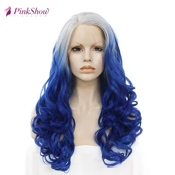

Pinkshow Gray Ombre Blue Wigs Synthetic Lace Front Wig Two Tone Natural Hairline Heat Resistant Fiber Party Wigs For Women