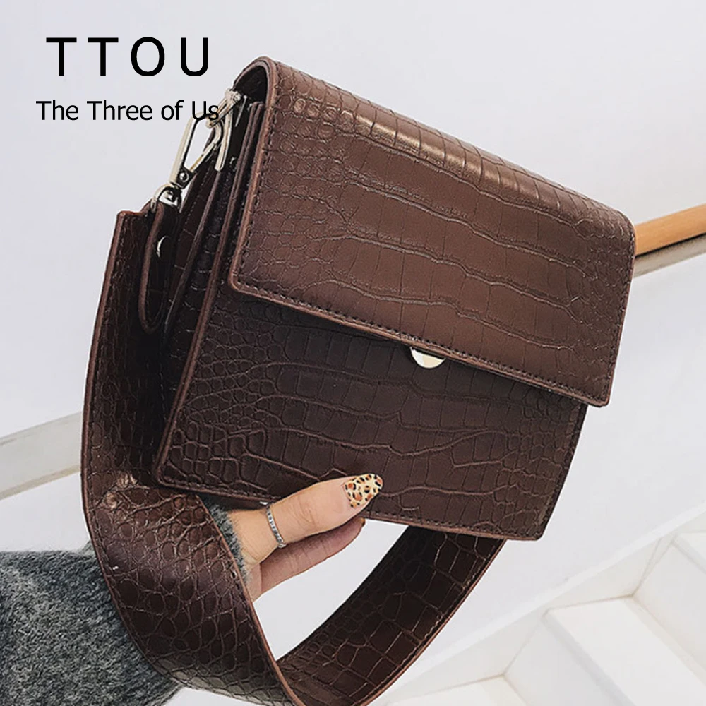 

Crocodile Pattern Deco Chains Women Shoulder Bags Wide Strape Female Pu Leather Solid Crossbody Bag Lady Office Messenger Bag