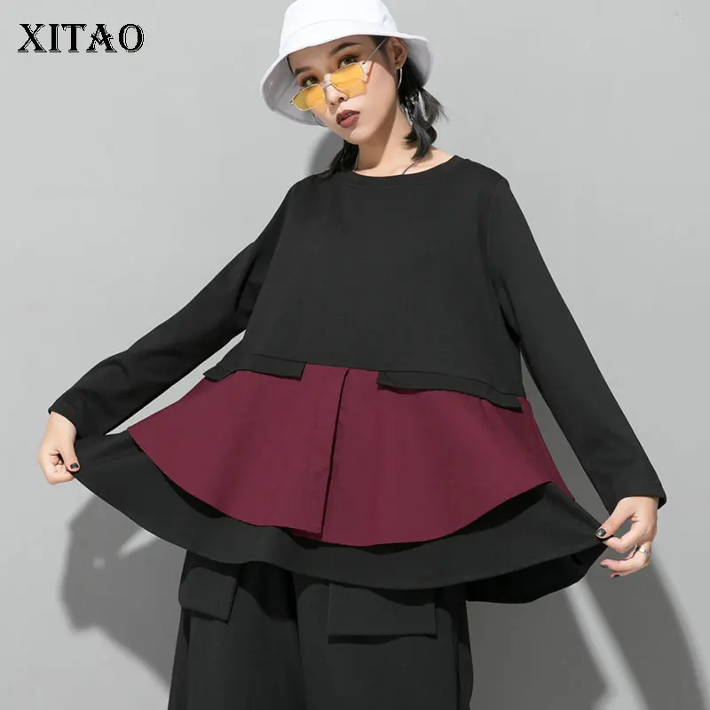 

XITAO Ruffle Hit Color Pleated T Shirt Women Fashion New 2019 Pullover Elegant Small Fresh Patchwork Minority T Shirt GCC2305