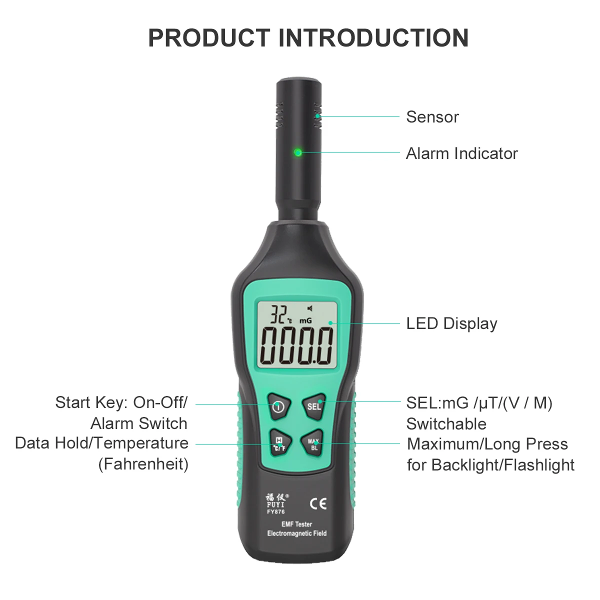 FUYI FY876 Handheld Electromagnetic Radiation Detector Monitor EMF Meter Household High Precision Wave Radiation Tester