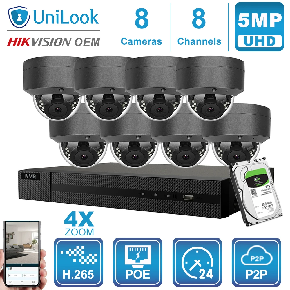 8 Gray Cams Kit Hikvision OEM 8CH 4 к NVR 5MP 4X оптический серый/белый POE IP Камера 4/6/8 шт. Открытый безопасности Системы CCTV NVR Kit с 1/2/4 ТБ HDD - Цвет: 8 Gray Cams Kit