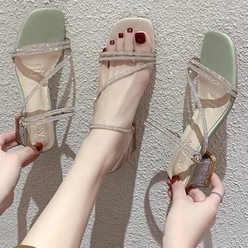 

2019 Summer Buckle Strap High Heel Sandal For Women Sandals Elastic Band Strappy Heels Sale Of Women's Shoes Suit Female Beige