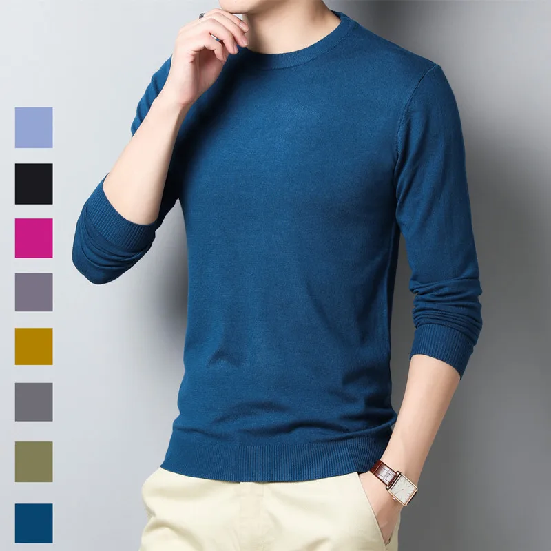 

E-BAIHUI Autumn New Nen's Knitted Sweater Pure Color Thin Round Neck Slim-fit Pullover Men's Sweater