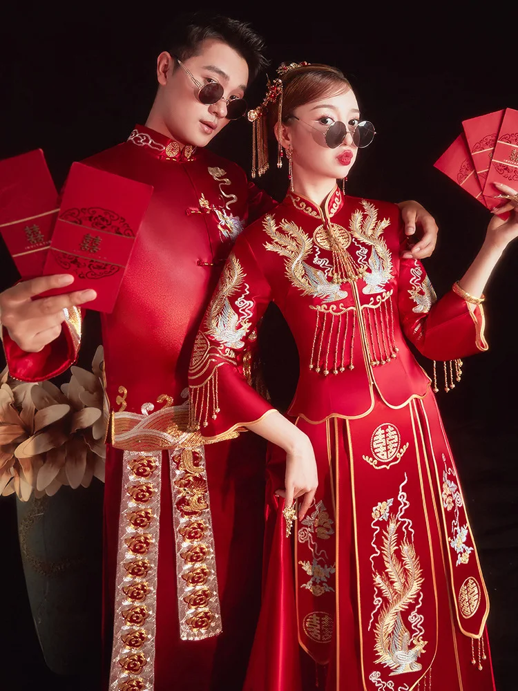 Chinese Style Couple Cheongsam Traditional Phoenix Embroidery Qipao Oriental Wedding Dress Robe Vestido Size S-2XL