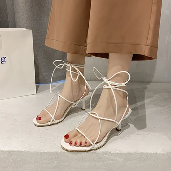 

Summer Women Ankle Strap Sandals Brand Designers White Thin High Heel Sandal Party Sexy Open Toe Gladiator Woman Shoes Pumps 7cm