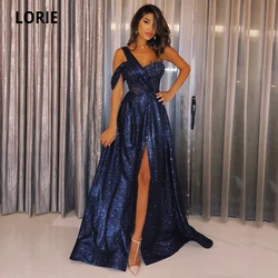 LORIE Shiny Navy Blue Formal Evening Gowns Plus Size 2021 Glitter Sequined One Shoulder Sleeve Long Prom Beach Party Dresses