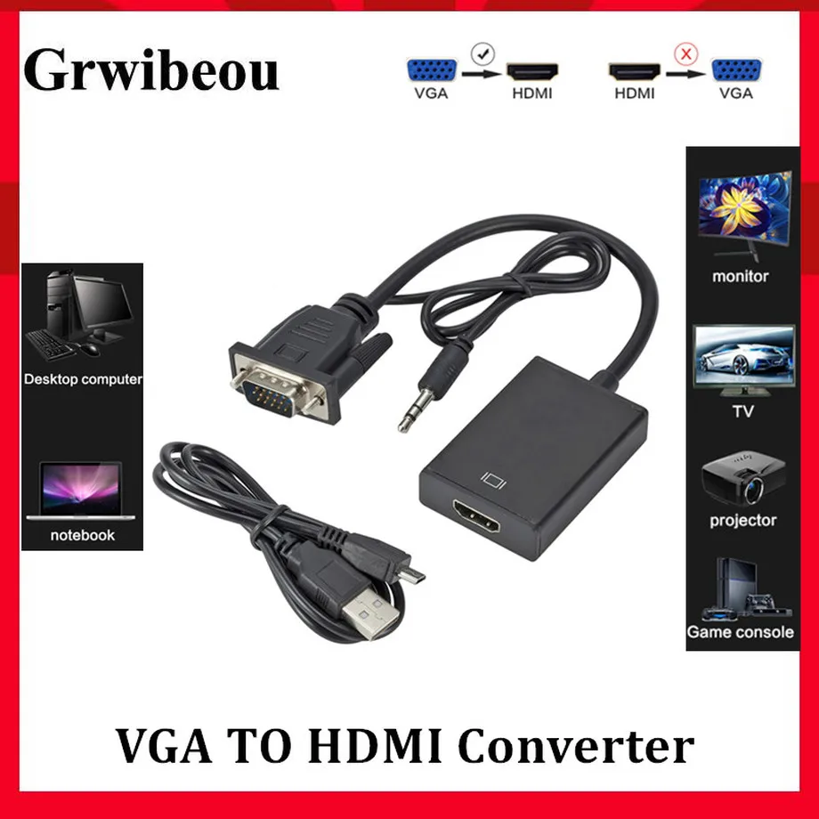 Переходник кабель Grwibeou VGA папа HDMI мама с аудио 3 5 мм 1080P в для ПК ноутбука проектора