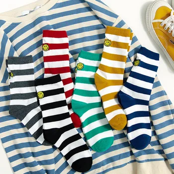 

Cartoon Embroidery Striped Women Cute Socks Cotton Smile Face Japanese Korean Style Streetwear Funny Socks Woman 092001