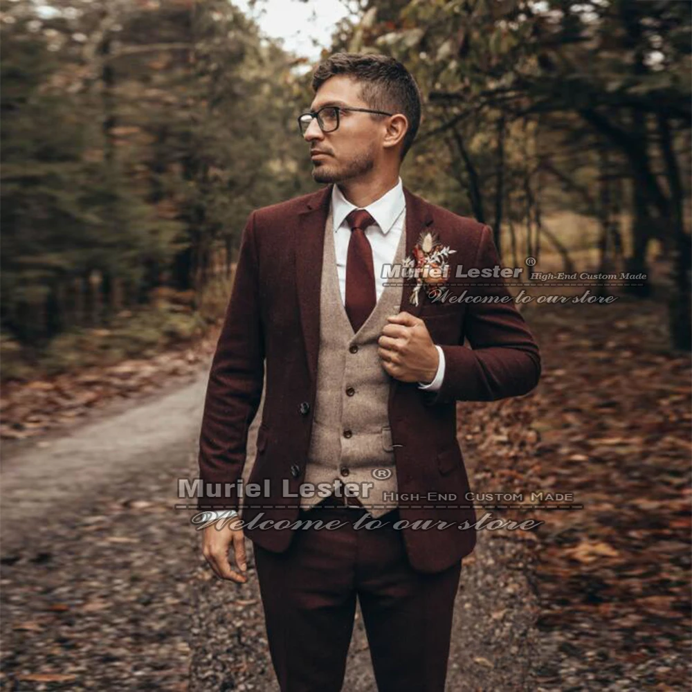 

Мужские костюмы из твида и смешанной шерсти, бордовый пиджак и брюки в английском стиле, приталенный курточный Блейзер, одежда для мужчин на осень/зиму