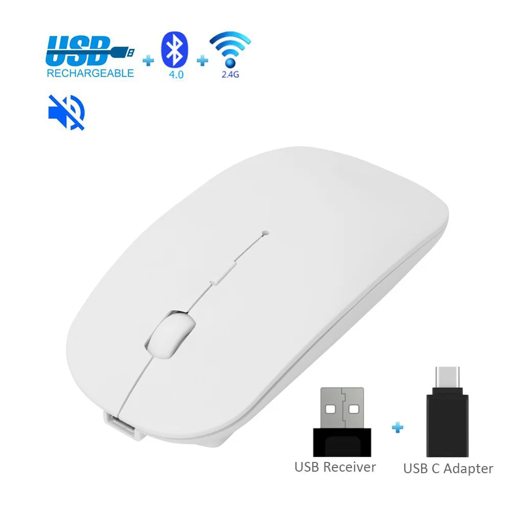 Беспроводная мышь, Bluetooth мышь, бесшумная, 10 м, зарядка, эргономичная мышь для ноутбука, плоская, Ультра тонкая, USB мышь, 4,0+ 2,4G+ type-c, мышь, черный - Цвет: White