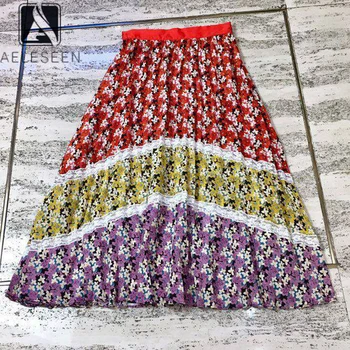 

AELESEEN Runway Fashion Silk Skirt 2020 High Quality Elegant Lace Patchwork Floral Print Mid-Calf Skirt