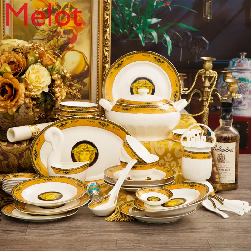 

Jingdezhen Ceramics Tableware Set Bone China Anti-Scald European-Style Bowl Dish & Plate Set Housewarming Gift Set