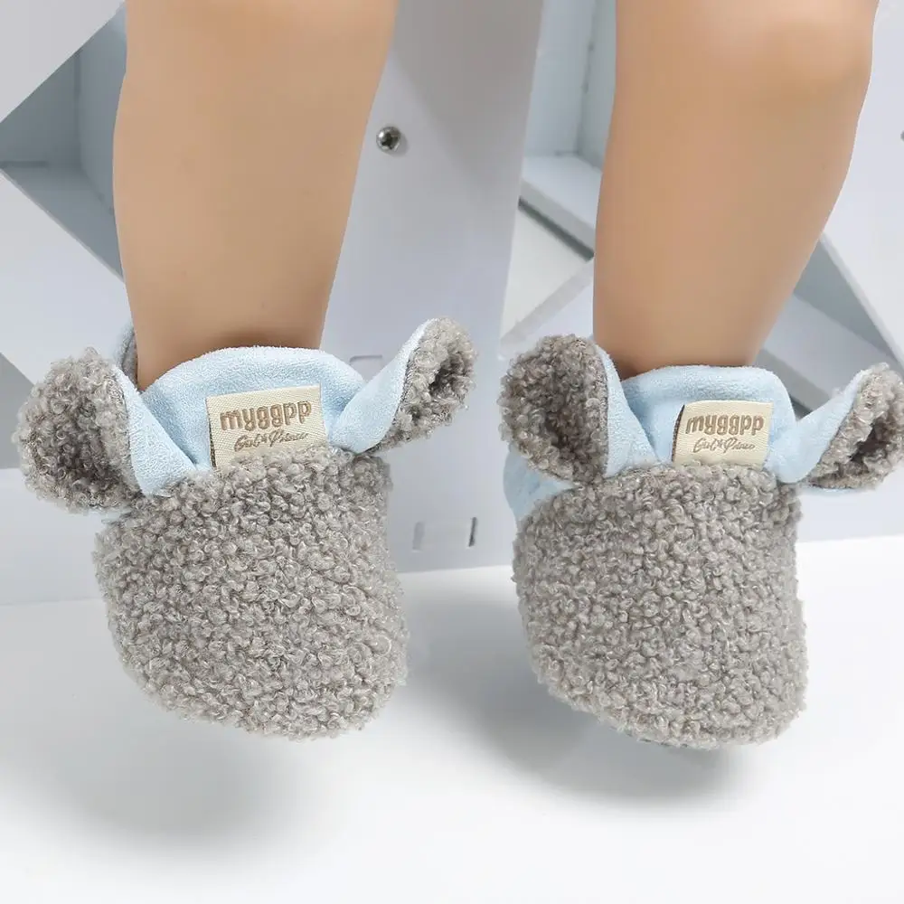 Детские носки обувь для мальчиков и девочек ботиночки зимние теплые овечьи ушки ползать малыша предходунки хлопок мягкие противоскользящие младенческой новорожденных пинетки - Цвет: Light Gray