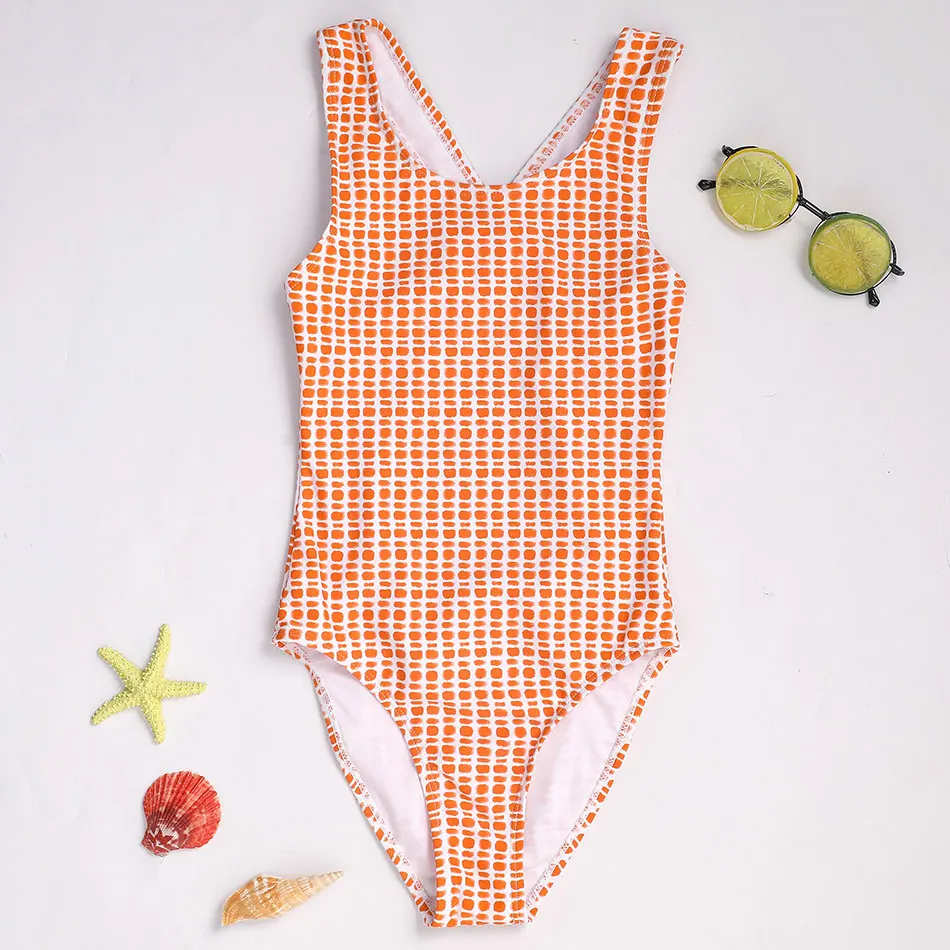 Floral Girls One Piece Swimsuit Kids 7-16 Years Retro Vintage Children's Swimwear Striped Girls Bathing Suit Monokini Cross Back