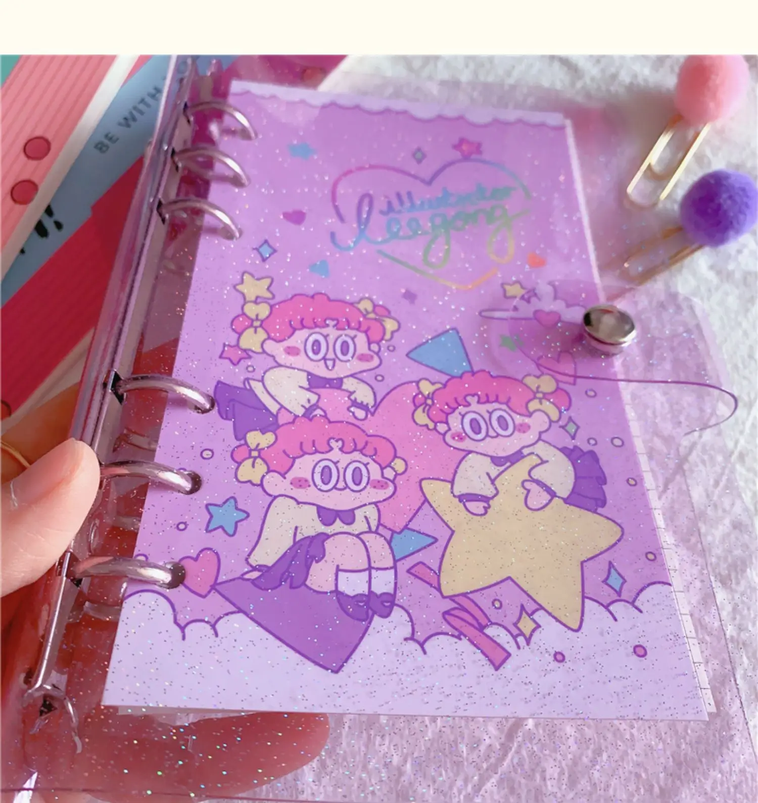 A5 A6 Kreative Nette Transparent 6-Ring Bunte Lose-blatt Hand Buch Student Notebook Ringbuch Kawaii Schule Liefert – Detail 10