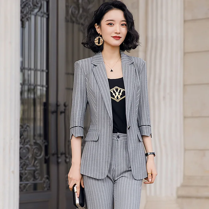 2020 Black Gray Female Elegant Stripes Women's Suit Set Blazer and Trouser Pant Business Uniform Clothing Office Lady Two Pieces