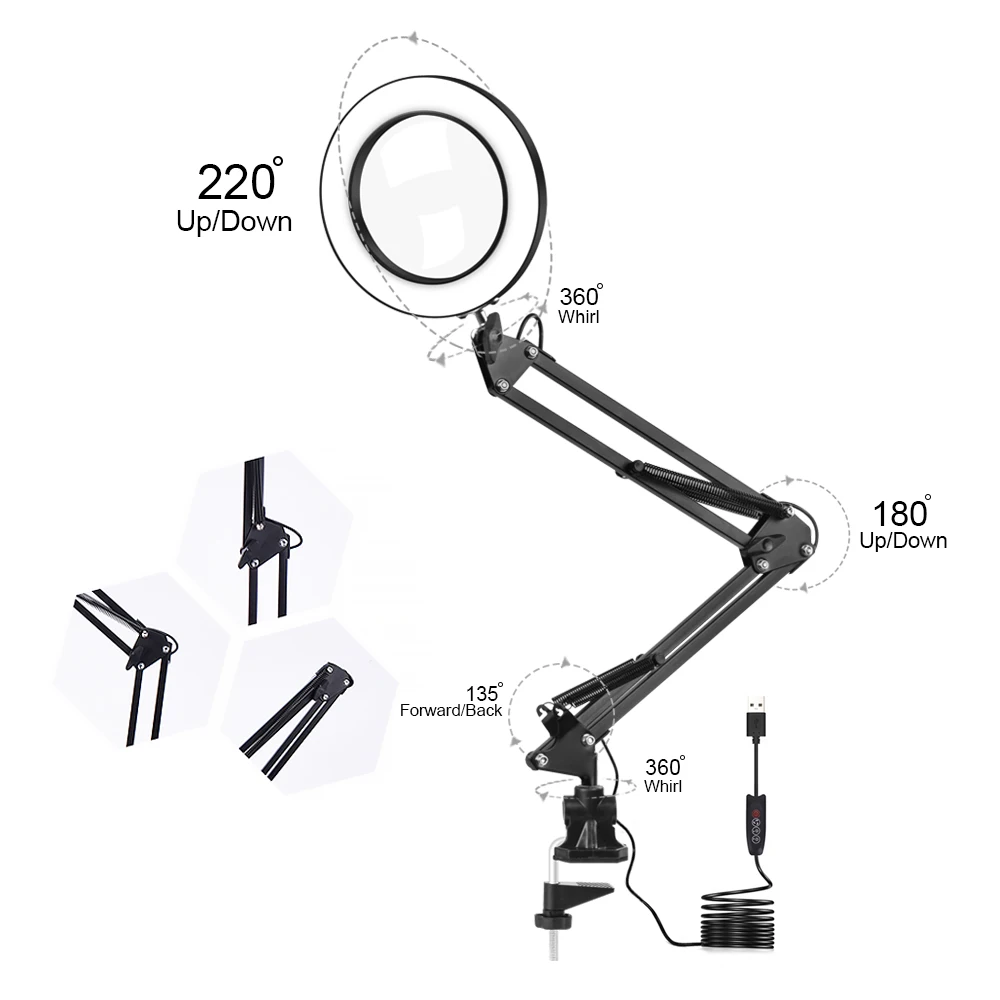 US $22.92 NEWACALOX 5X Illuminated Magnifier USB 3 Colors LED Magnifying Glass For Soldering Iron RepairTable LampSkincare Beauty Tool