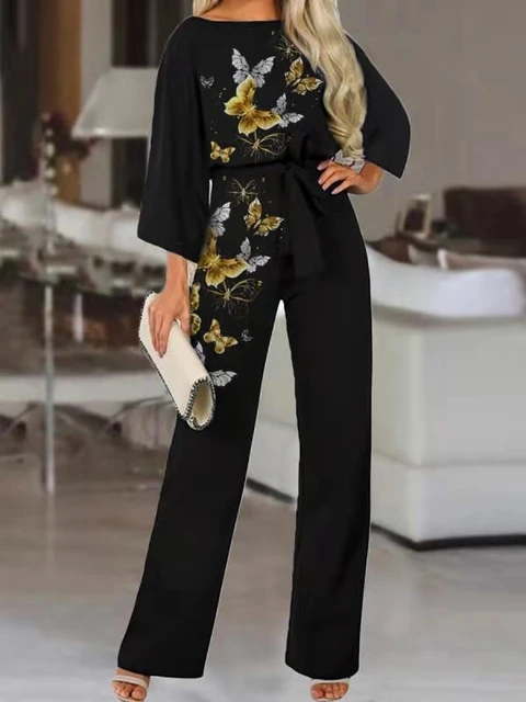 HSMQHJWE Pant Suits For Women Dressy Wedding Guest Long Sleeve Graduation  Outfit For Women Women'S Wide Leg Pants Strapless Belt Waist Printed Casual