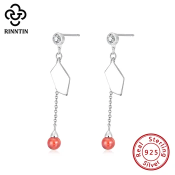 

Rinntin Pure S925 Silver Red Garnet Long Chain Earrings AAAA Zircon Geometric Design Women Stud Earrings Jewelry Gift TSE200