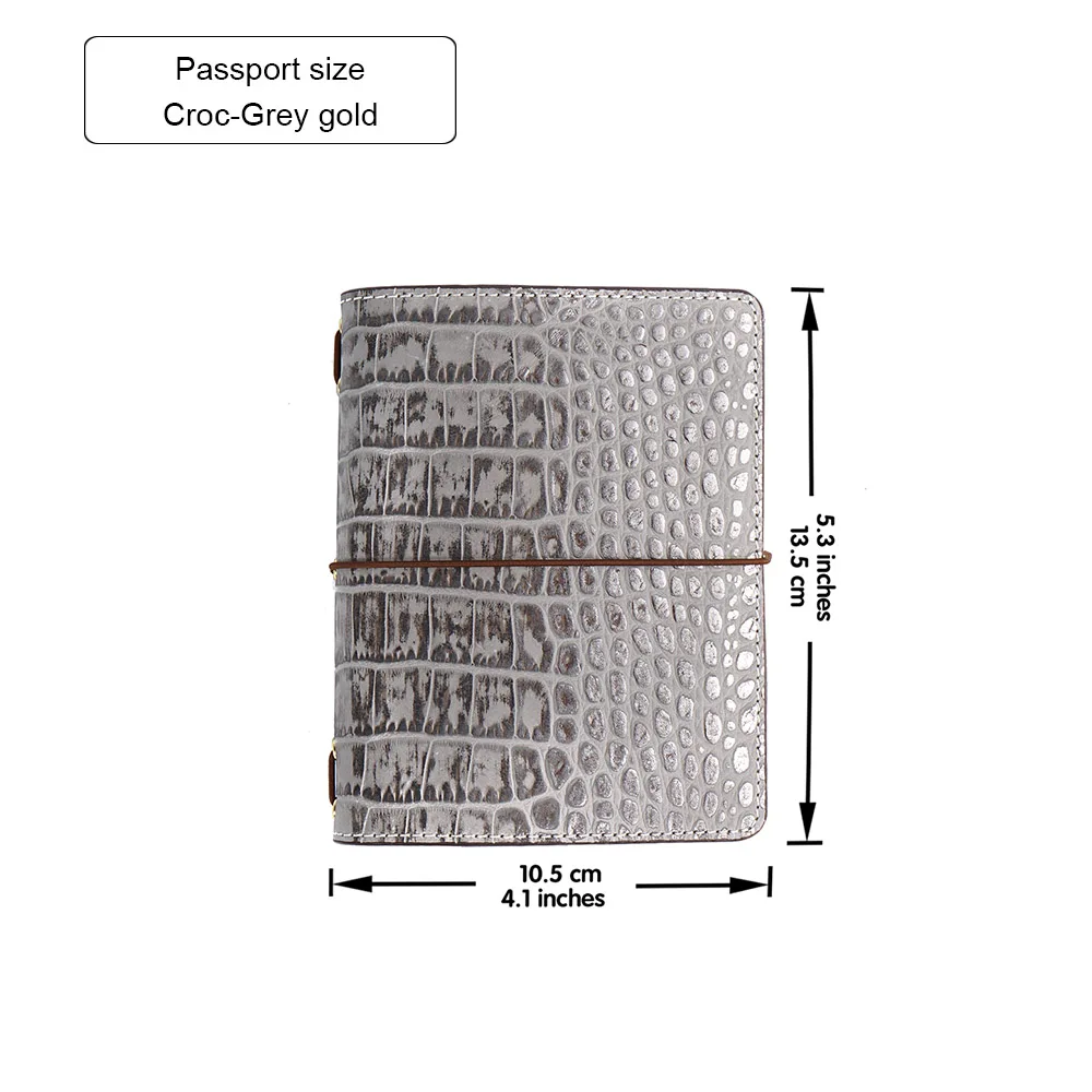 Кожаный блокнот с зернистой текстурой личи, многоразовый органайзер для путешествий с внутренним карманом, отделениями для карт, Воловья кожа, дневник, блокнот для зарисовок, планировщик - Цвет: Croc Grey Gold S