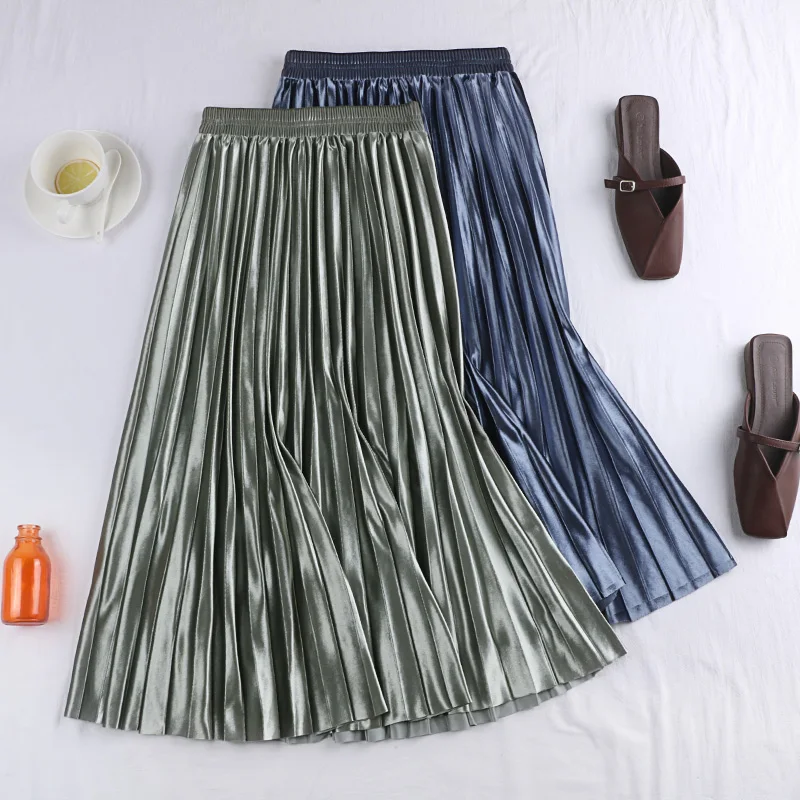 Весенняя Новинка, Женская юбка, сплошной цвет, высокая талия, бархат, золото, плиссированные, Свинг, длинные юбки для дам, юбка до середины икры, Свинг, городская юбка
