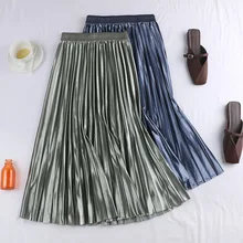 Весенняя Новинка, Женская юбка, сплошной цвет, высокая талия, бархат, золото, плиссированные, Свинг, длинные юбки для дам, юбка до середины икры, Свинг, городская юбка