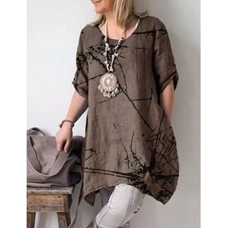 

Women Loose Round Collar Split Summer Print Loose Short Sleeve Casual Simple Wild T-Shirt