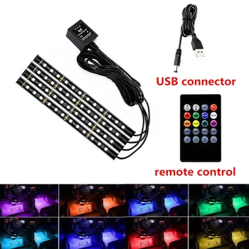 

4pcs Car RGB LED Strip Light Dash Floor RGB LED Strip Car Styling Decorative Atmosphere Lamps Car Interior Light With Remote 12V