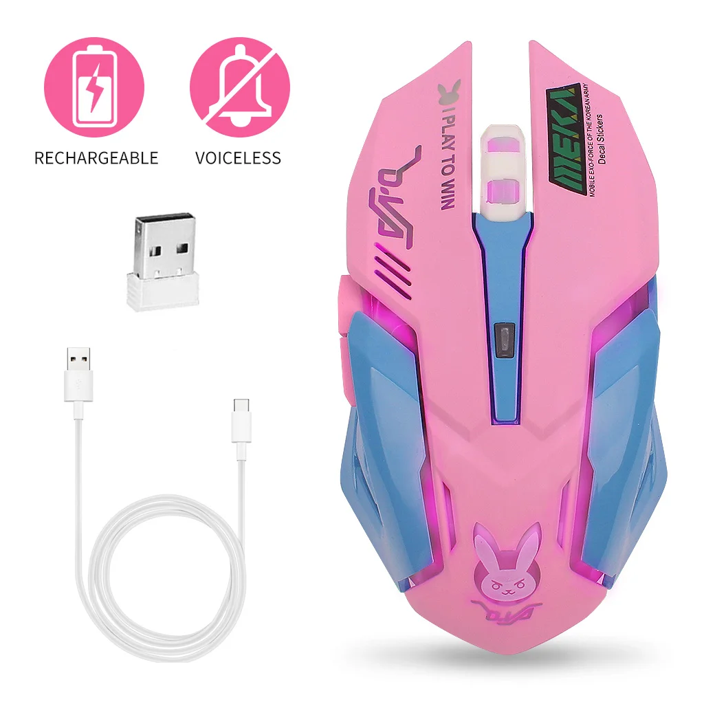 

Pink Wireless Computer Gaming Mouse Rechargeable Optical Mice 2400 DPI Ergonomic USB Cute PC Gamer Office Mouse For Girls Purple