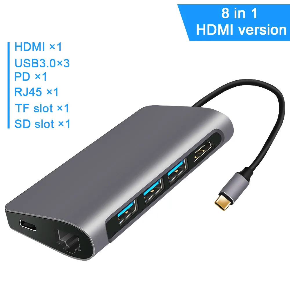 Usb type C 3,0 концентратор к HDMI 4 K/8 k RJ45 LAN VGA PD 100W питания Thunderbolt 3 совместимый tipo c для устройств сплиттер Hab - Цвет: 8in1 HDMI