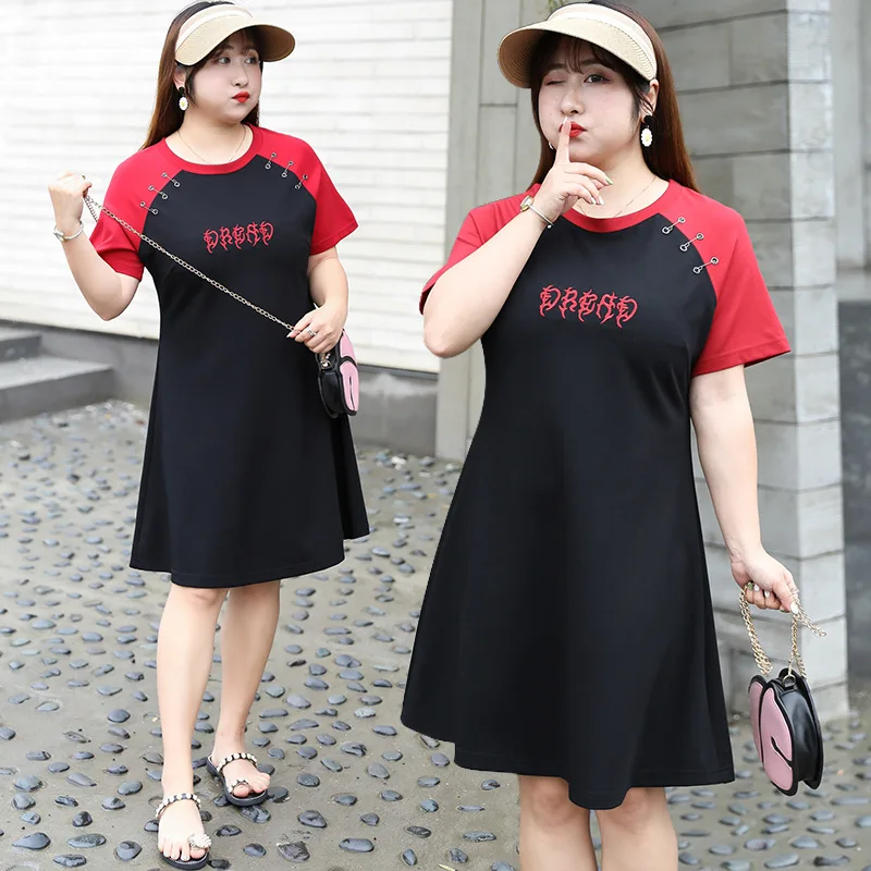 

Summer New Large Size Women's Street Style Contrast Color Embroidery Letter A Word Dress