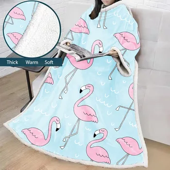 

Lazy flamingo Winter Outdoor Hooded Blankets With Sleeves Warm Soft Bathrobe Sweatshirt Pullover TV Fleece Blanket
