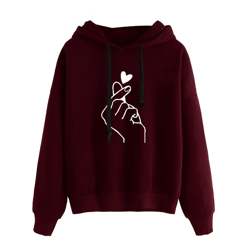 Wine Women's Sweatshirt and Hoody Ladies Oversize K Pop Yellow Pink Love Heart Finger Hoody Casual Autumn Women Hoodies Harajuku - Цвет: Wine