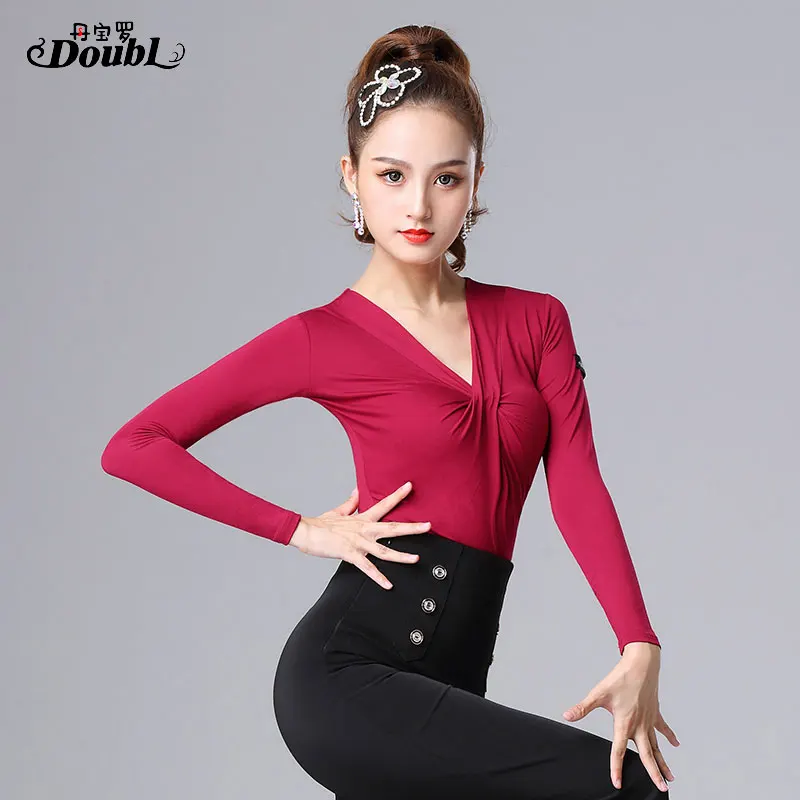 DOUBL Brand Latin Dance Training Clothes Female Adult Modern Dance Top V-neck Black National Standard Dance Blouse Dance Clothes
