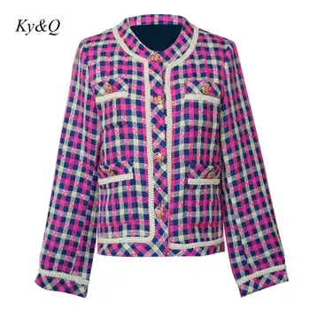 

Brand Designer Winter Luxury Purple Plaid Tweed Short Coat Women O-neck Single Breasted Cardigan Long Sleeve Vintage Jacket 2020