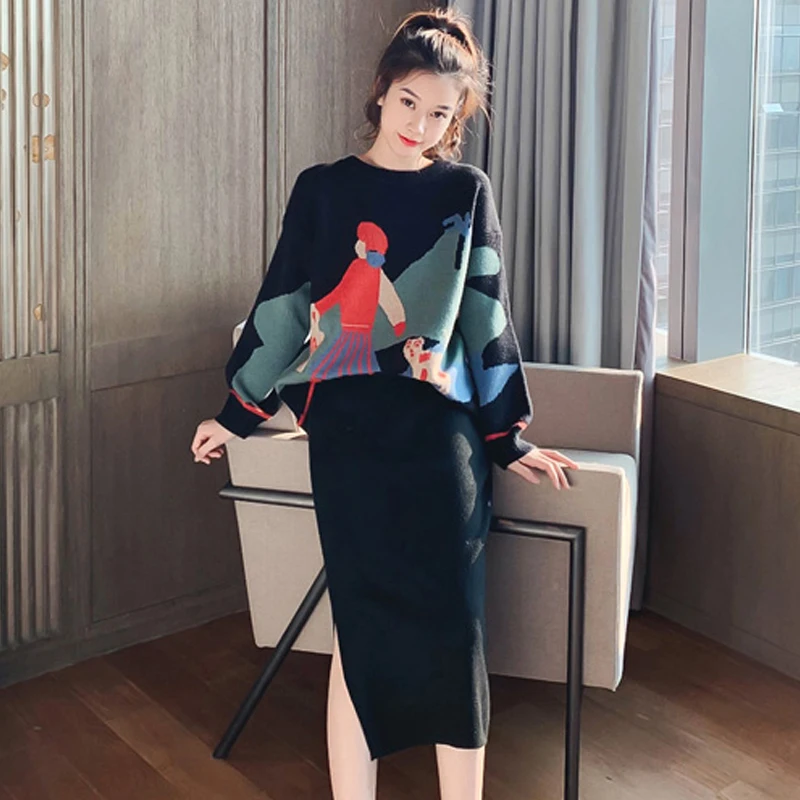 H Han queen вязаный комплект из 2 предметов для женщин осенний Модный пуловер с героями мультфильмов свитер и однотонное узкое облегающее платье юбка