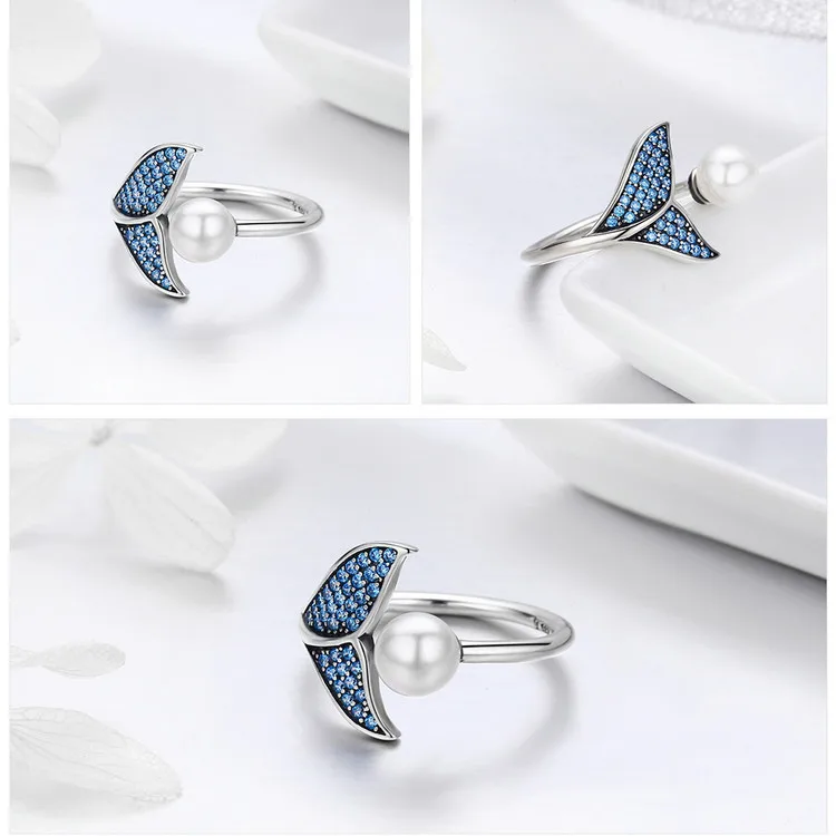 Кольца из стерлингового серебра 925 для Женская циркониевая жемчужное кольцо незамкнутые кольца с регулируемым размером для женщин хвост русалки ручная бижутерия юбилей