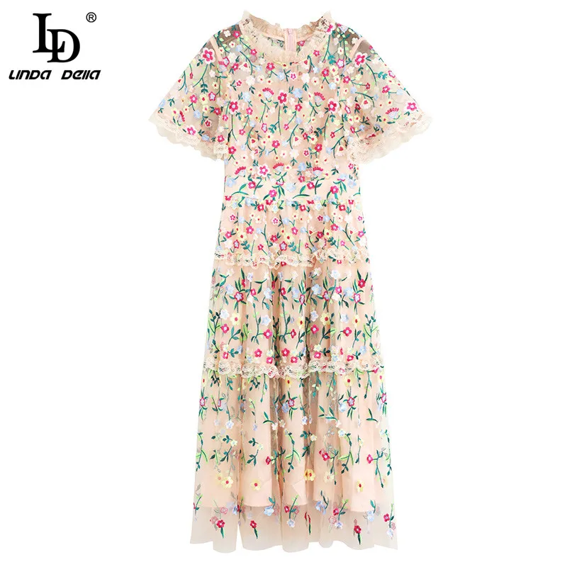 Summer Fashion Runway Party A Line Dress Women Lace Mesh Flowers ...
